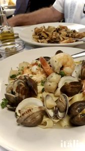 Trio Adriatico Clams Shrimp & Scallops over Egg Fettuccine Fancy Italian egg fettuccine with clams, shrimp & scallops, the Trio, in a delicate white sauce.