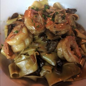 Papardelle Mare Monti Porcini mushrooms, garlic, large shrimp & wine in a delicate cream sauce